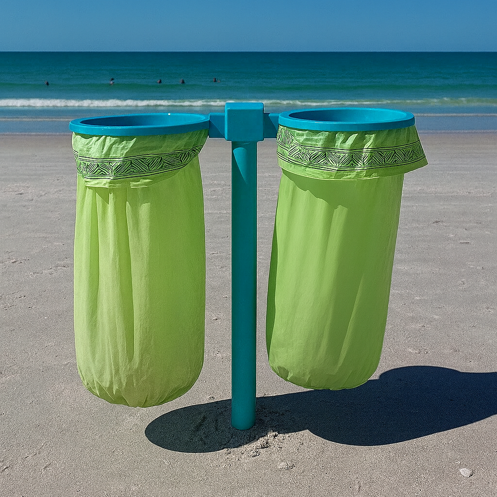 Two green trash cans on a beach with blue sky and ocean in the background