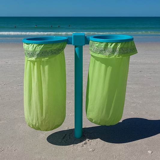 Two green trash cans on a beach with blue sky and ocean in the background